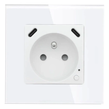 Gniazdko pojedyncze z bolcem, 2x USB-C 20W - watomierz - ZigBee - szklana ramka - biały - Tawoia Glass