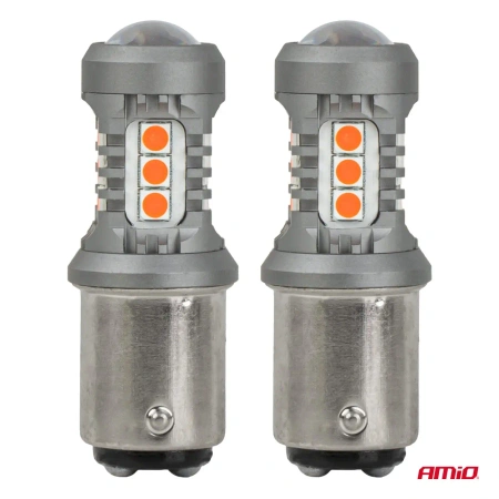 Żarówki LED P21/5W BAY15D czerwone stop-pozycja, 12/24 V, 15 diod SMD 3030, 2 szt. - AMiO 05004