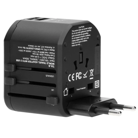 Adapter podróżny Virone TA6 Go World USB - Adapter turystyczny do gniazdek USA UK EU AUS 2×USB 2,4A czarny