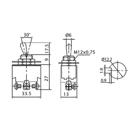 Przełącznik dźwigniowy KN3B-102 ON-ON SPDT, 3 wyprowadzenia, 10 A / 125 V AC; 6 A / 250 V AC