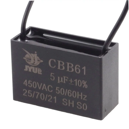 Kondensator rozruchowy do silnika 5µF 450VAC, CBB61, przewody ok. 10 cm, 46 × 19 × 31 mm
