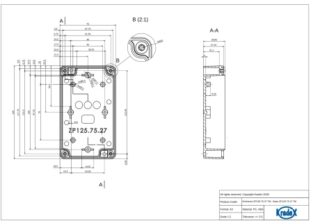 Obudowa hermetyczna ZP125.75.37JPH, 75 × 125 × 37,2 mm, ABS+PC, jasnoszara, z przezroczystym wieczkiem, Kradex