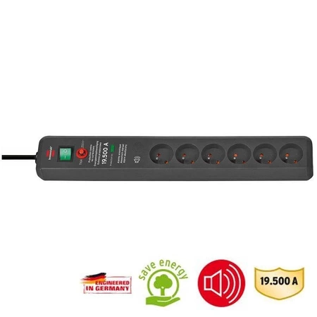 Listwa zasilająca 6 gniazd, przewód 3 m, 16 A, 3G1,5, przeciwprzepięciowa, z uziemieniem, Brennenstuhl Secure-Tec