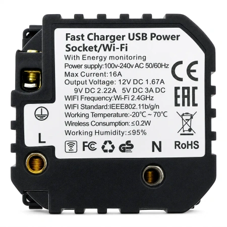 Gniazdko elektryczne Schuko z USB-C 20W z watomierzem WiFi i Bluetooth czarne podtynkowe (moduł bez ramki) - TAWOIA Smart Home