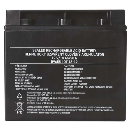 Akumulator AGM bezobsługowy, 12 V, 18 Ah, 181 × 77 × 167 mm, 4,88 kg, EMOS B9655