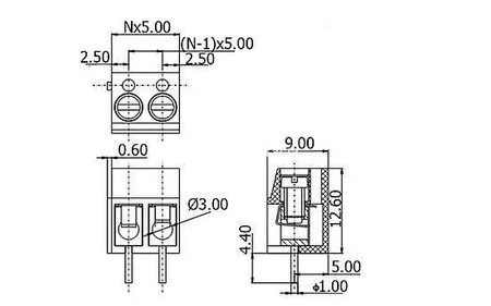 Złącze śrubowe 2 pola, raster 5, h=12.5mm