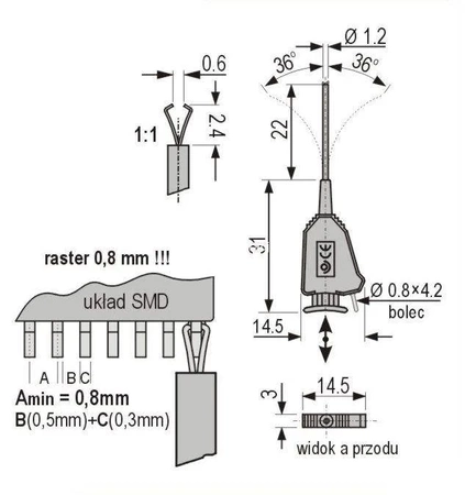 Klips mini SMD pazurkowy, przyłącze kołkowe 0.8mm, elastyczny, 53mm czarny