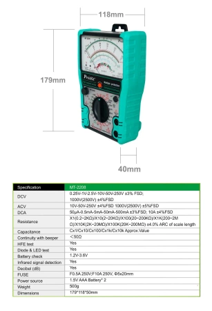 Miernik analogowy uniwersalny, pomiar napięcia do 2500V, MT-2208 Proskit
