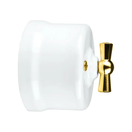 Włącznik światła schodowy obrotowy z ramką, ceramiczny, montaż natynkowy, kolor biały, złote pokrętło Ceramic Loft