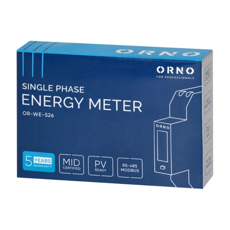 Licznik energii 1-fazowy, 100 A, certyfikat MID, pomiar dwukierunkowy, RS485 Modbus, wielotaryfowy, na szynę DIN, ORNO OR-WE-526