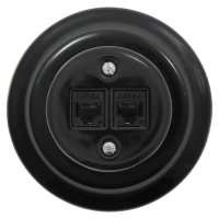 Gniazdo Ethernet Cat6 x2 okrągłe z ramką, czarne, montaż podtynkowy, Ceramic Loft