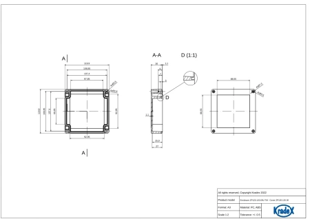 Obudowa hermetyczna ZP120.120.60UJPH, 119,9 × 119,9 × 60 mm, ABS+PC, jasnoszara, z uchem, z przezroczystym wieczkiem, Kradex