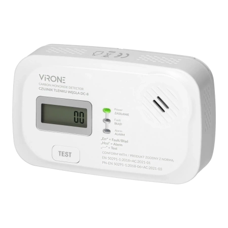 Czujnik czadu, LCD, 2 x AA, sensor 10 lat, VIRONE DC-8
