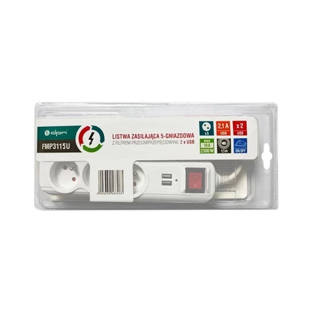 Listwa zasilająca 3 gniazda + 2x USB, włącznik, 1.5m, 10A, 2300W, 3G1, filtr przeciwprzepięciowy, biała