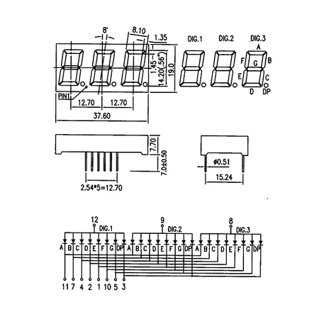 Wyświetlacz LED 7 segmentowy 0.56'' 14.2mm, 3 znaki, czerwony, WA, AT5636-BMR