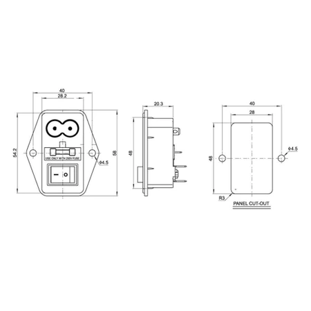 Gniazdo zasilania AC, ósemka, na panel, z wyłącznikiem i bezpiecznikiem 9049