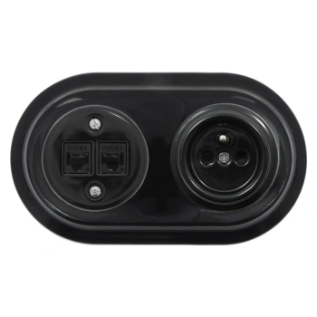 Gniazdo Ethernet Cat6 x2 + Gniazdo elektryczne okrągłe z ramką podwójną, czarne, montaż podtynkowy, Ceramic Loft