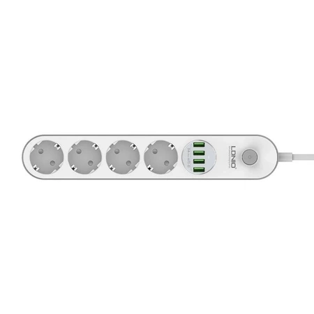 Listwa zasilająca 4 gniazda + 4× USB, przewód 2 m, 10 A, z włącznikiem, biała, LDNIO