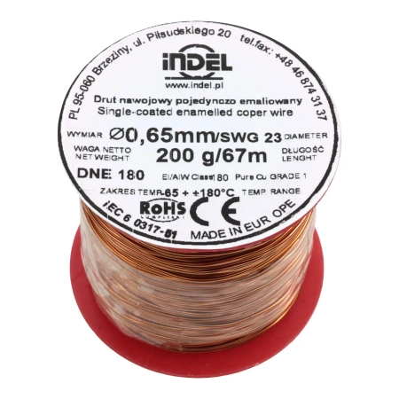 Drut nawojowy emaliowany 0,65 mm, DNE 180, miedź, szpulka 200 g, ok. 67 m