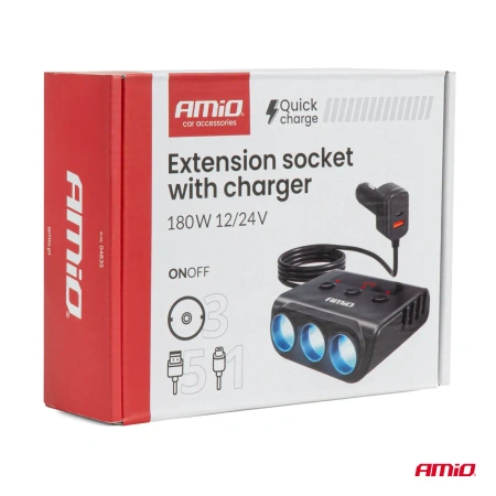Rozgałęziacz zapalniczki samochodowej 12/24V – 3 gniazda + 4x USB-A, 180W, wyświetlacz LED, ON/OFF, AMiO 04835