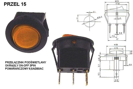 Przełącznik kołyskowy okrągły podświetlany 3-pin 6A 230V pomarańczowy