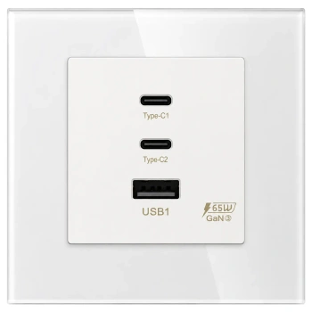 Ładowarka USB A + 2xC 65W GaN biała podtynkowa z ramką szklaną - TAWOIA Glass