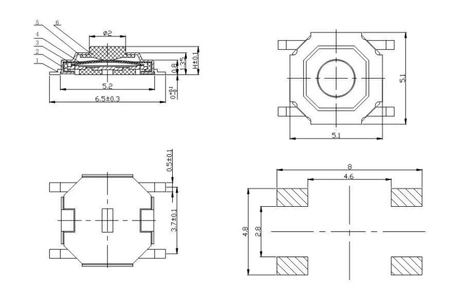 Microswitch 5.2x5.2mm, h=1.5mm, SMD, TSS05-015