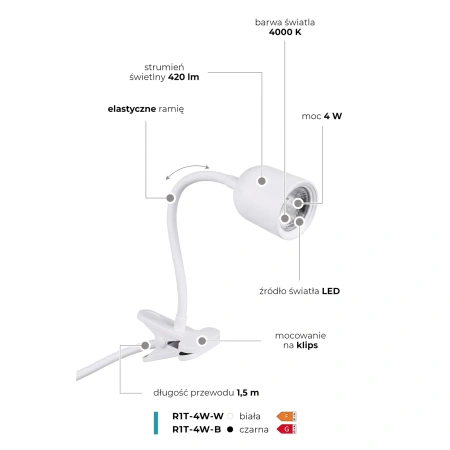 Lampka LED z klipsem biała, 4W, 420lm, 4000 K, zasilanie 230V