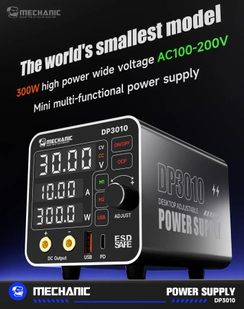 Zasilacz laboratoryjny DP3010, 0–30 V / 0–10 A, 300 W, USB-C PD 20 W, Mechanic