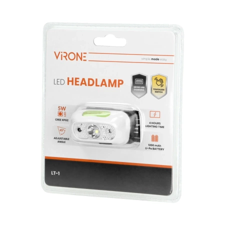 Latarka czołowa LED 5W, 230lm, 1200mAh Li-po, ruchoma głowica Virone LT-1
