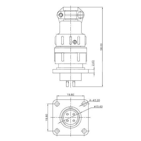 Gniazdo + wtyk na panel, aluminiowy, dł 58mm, seria C06 / 4 pin