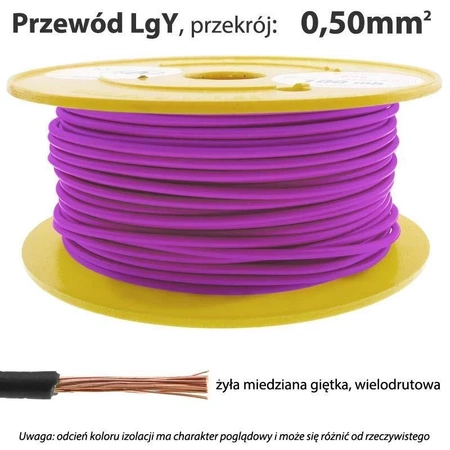 Przewód instalacyjny miedziany wielożyłowy LgY 0.50mm, linka, fioletowy, 1mb