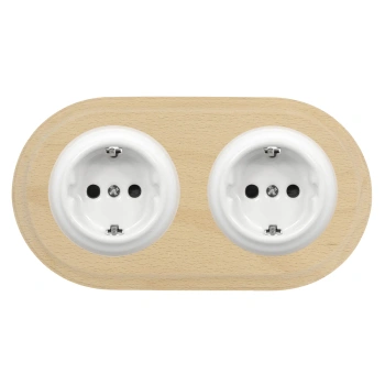 2x Gniazdko elektryczne Schuko okrągłe białe z ramką podwójną jasne drewno, montaż podtynkowy, Ceramic Loft