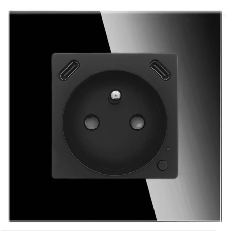 Gniazdko pojedyncze z bolcem, 2x USB-C 20W - watomierz - ZigBee - szklana ramka - czarny - Tawoia Glass
