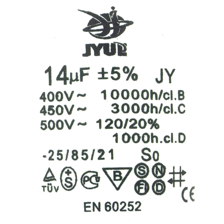 Kondensator rozruchowy do silnika, CBB60 14uF 450VAC 40x73mm, konektor