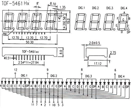 Wyświetlacz LED 7 segmentowy 0.56'' 14.2mm, 4 znaki, czerwony, WA pion