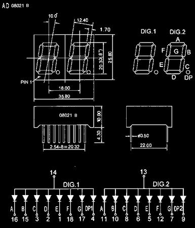Wyświetlacz LED 7 segmentowy 0.80'' 20.3mm, 2 znaki, czerwony, WA