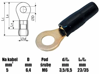 Końcówka oczkowa M6 izolowana, 6.4mm, złocona, na przewód 6mm, SGE czarny