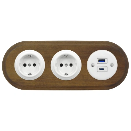 2x Gniazdko Schuko okrągłe + Gniazdko USB A+C 4A białe z ramką potrójną ciemne drewno, montaż podtynkowy, Ceramic Loft