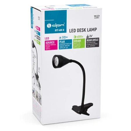 Lampka LED z klipsem i regulacją jasności, 4 W, 320 lm, 4000 K, czarna