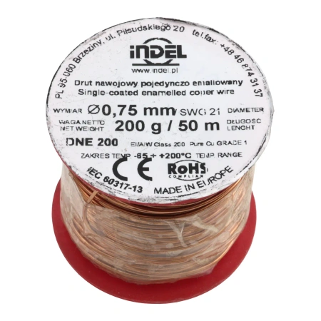 Drut nawojowy emaliowany 0,75 mm, DNE 200, miedź, szpulka 200 g, ok. 50 m