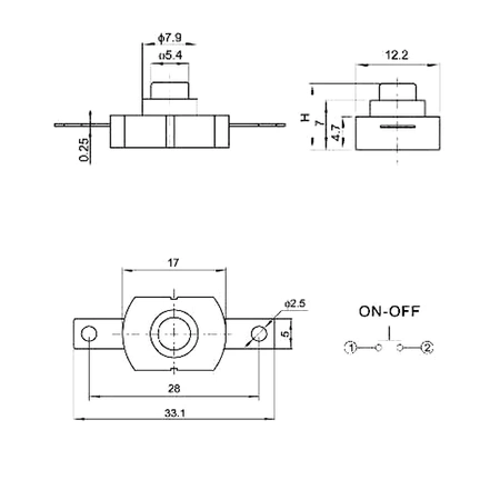 Przełącznik bistabilny ON/OFF 1A, 30V (przełącznik latarkowy) 17x12mm