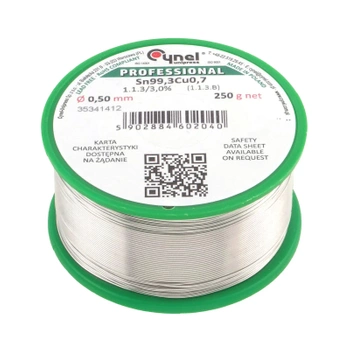 Cyna lutownicza bezołowiowa - spoiwo Sn99,3Cu0,7 - topnik 1.1.3 - 0,50mm - Cynel 250g