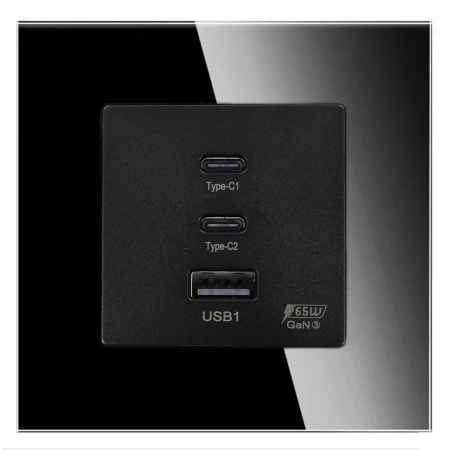 Ładowarka USB GaN 65W USB-A + 2x USB-C - szklana ramka - czarny - Tawoia Glass