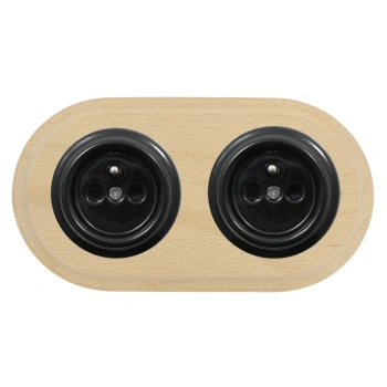 2x Gniazdo elektryczne okrągłe czarne z ramką podwójną jasne drewno, montaż podtynkowy, Ceramic Loft