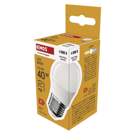 Żarówka LED E27 kulka Mini Globe, 5,5 W, odpowiednik 40 W, neutralna biel, 470 lm, EMOS ZAR-E-ZL6F23
