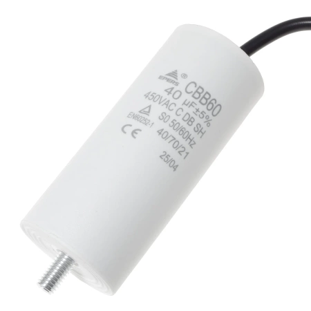 Kondensator rozruchowy do silnika 40µF 450VAC, CBB60, przewody 15 cm, Ø45 × 100 mm, EPERS