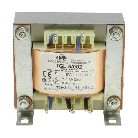 Transformator głośnikowy TGL 5/002, 5VA, 5,2 kΩ/4Ω, SE, 40Hz–20kHz, Indel