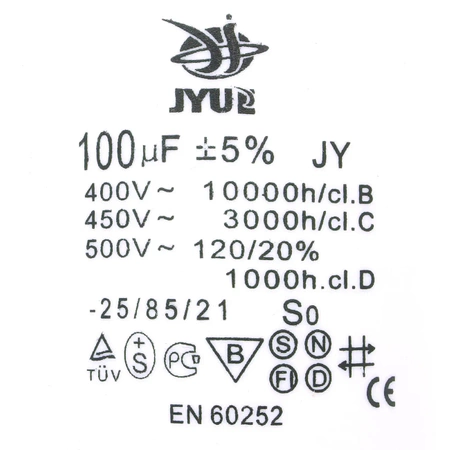 Kondensator rozruchowy do silnika, CBB60 100uF 450Vac 60x125mm konektor
