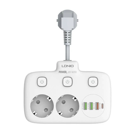 Listwa zasilająca 2 gniazda + 3× USB, 10 A, z włącznikiem, biała, LDNIO